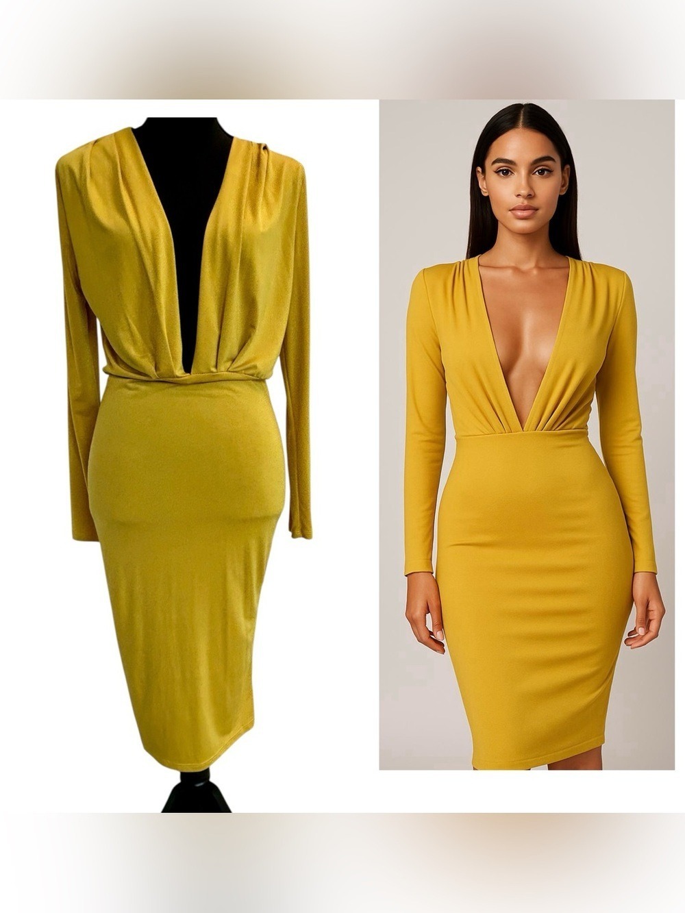 Mustard Yellow Deep Plunge V-Neck Long Sleeve Midi bodycon Cocktail Dress M/L